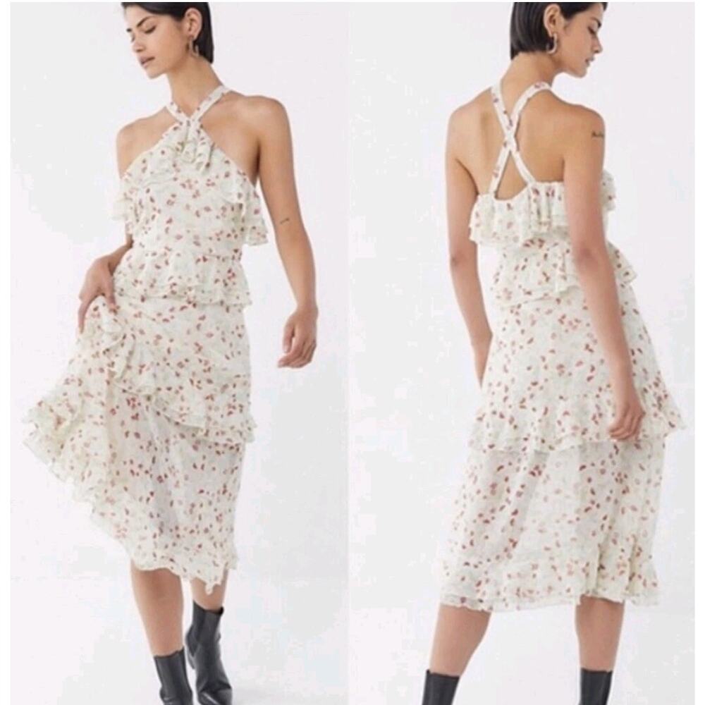 5556)Urban Outfitters Sacramento Tiered Ruffle Floral Criss Cross Halter Dress 2